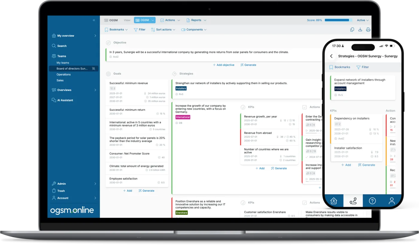 Een OGSM-plan open op een laptop in OGSM.online, met hetzelfde plan ernaast op een telefoon